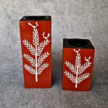 Hand Painted Wooden Candle Holder Pair with Bird Motif